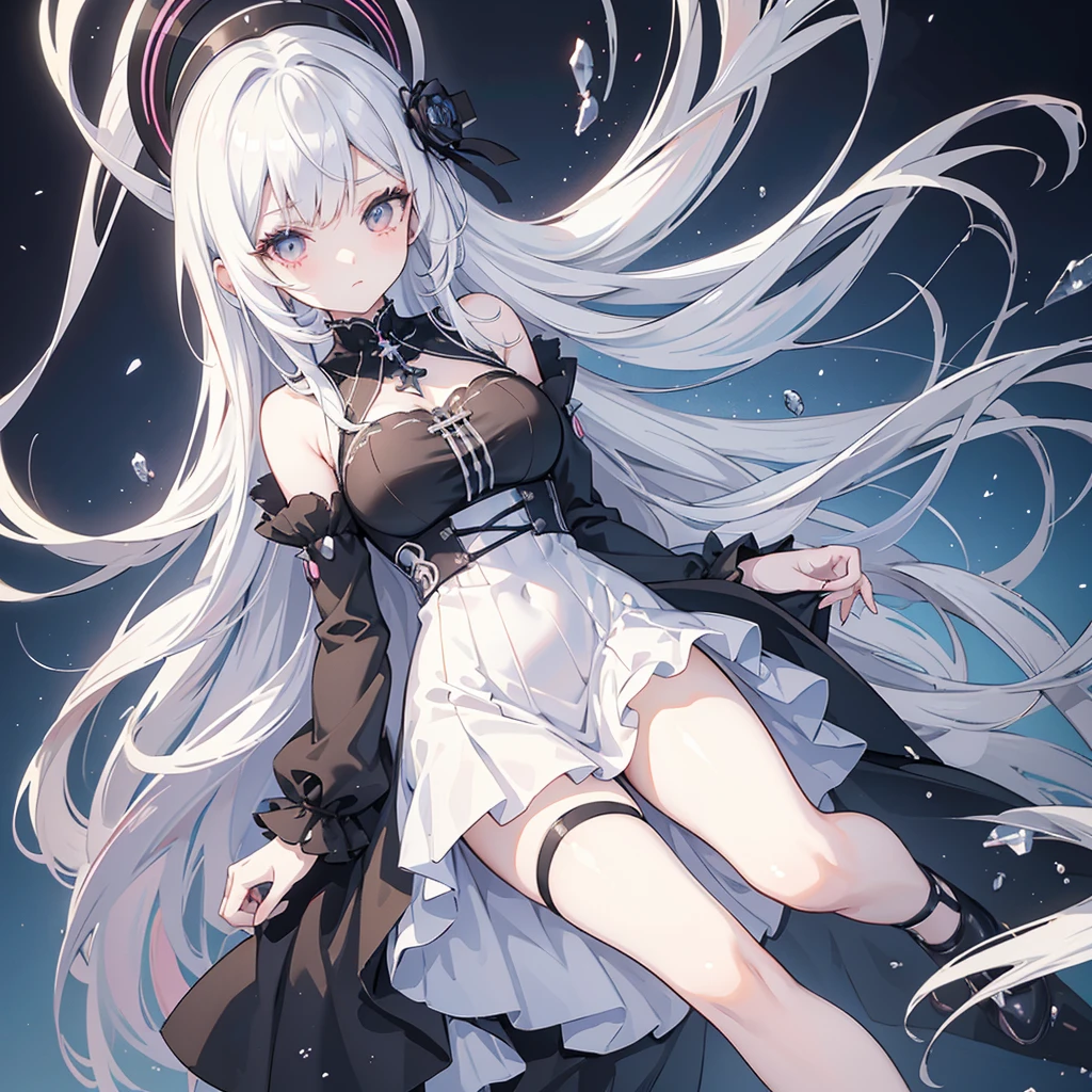 Anime-style image of a woman with white hair and black clothing, Cute 3D anime girl render, Cute anime waifu in a nice dress, Anime VTuber Full Body Model, Anime girl in a black dress, Gothic Maiden Anime Girl, Highly detailed characters, Official character art,Prayer