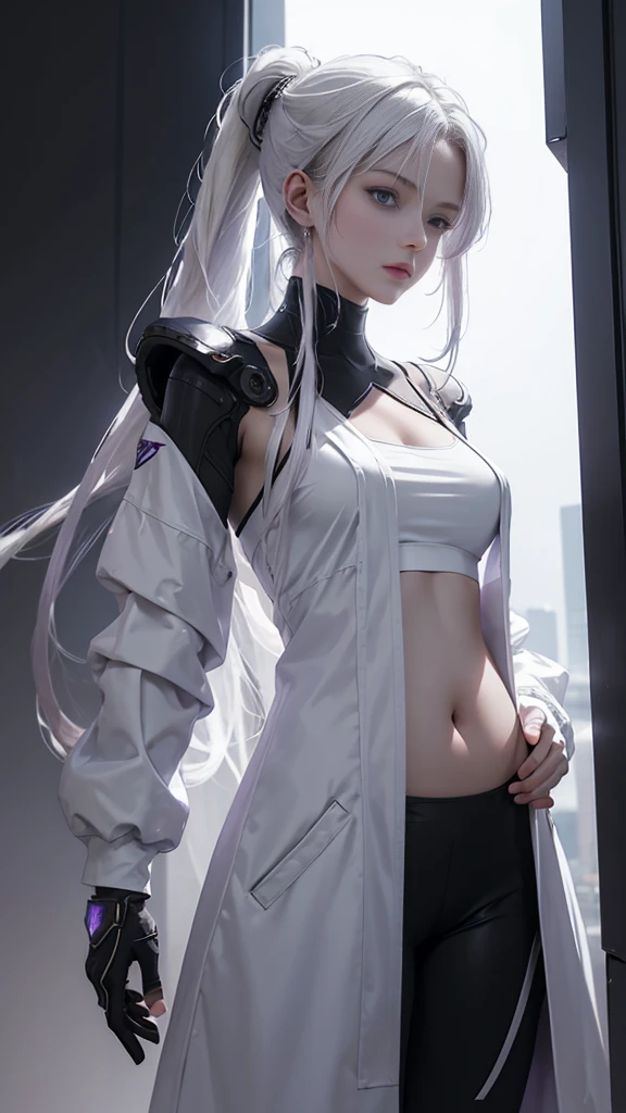 masterpiece,best quality,high resolution,8K,Focus on the thighs and above,original photo,Digital Photography,(Sci-fi style women),20 year old girl,Long ponytail hairstyle,By Bangs,(Purple Eyes),(White hair),Full breasts,Felling,Elegance and nobility,Serious and indifferent,Open white coat,(Black Camisole),Rich details,shut your mouth,Show your belly button,Exquisite decoration,Cyberpunk future style,(Female Scholar),Photo poses,White background,oc render reflection texture