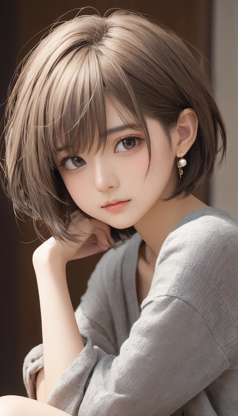 (masterpiece, Highest quality:1.2), One girl, alone,bony body、15 years old、, Extra Short Hair, Side lock hair、Earrings