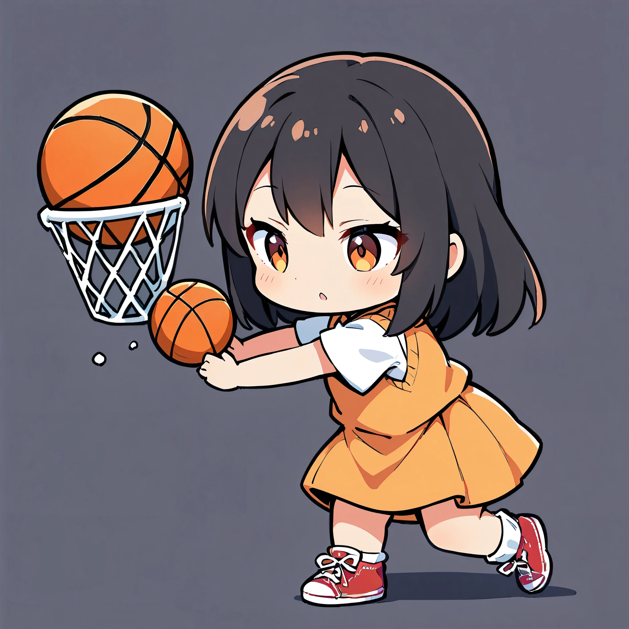 A girl putting a basketball into a basket on the ground, pretty girl, Deformation, Basketball and ball, Black Hair Girl, Cute dunk shot, Plain background,