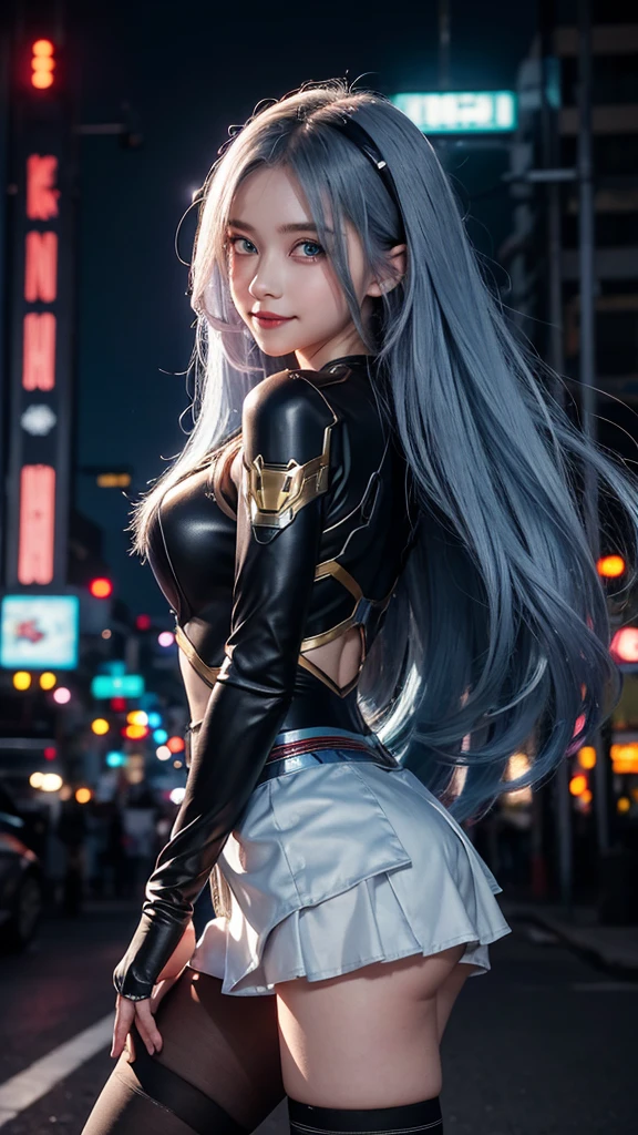 Beautiful Iron Man,Angelic countenance,Full body portrait,the long flowing blue hair,big eyes,Flashing pupils,shy,Blush,Smile,Delicate depiction of the face,Wear a short skirt,Black pantyhose,Wearing high heels,Cyberpunk,Night,Hyperrealism,Neon Street,Ray Tracing,masterpiece,Pixel Perfect,make a fist,Delicate hand engraving,Light and Shadow,Sweat,Fine drawing