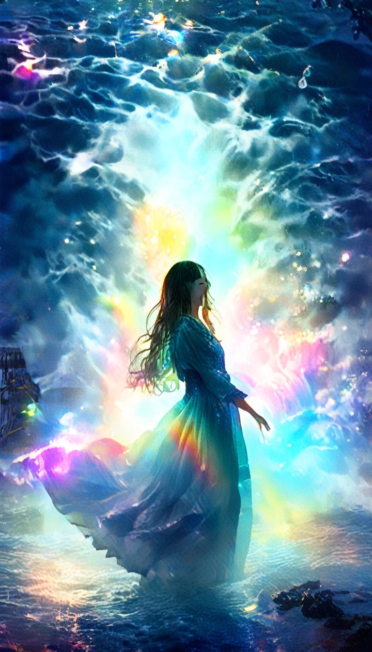 Mysterious glowing spell casting girl, ((Fantasy Rainbow Ocean)), Vibrant colors, Fantastic Light, Detailed speech bubbles, Magical atmosphere, Nice views, Dreamy atmosphere, Sparkling, Roomy robes, The magic touch, Mysterious creatures, ((Sparkling waves)), Mystical symbols, Surreal beauty, haze, There'Magic in the air, A magical moment,Mysterious atmosphere, Whimsical Creatures, Full of charm, Fairy, superpower, Fantasy World
