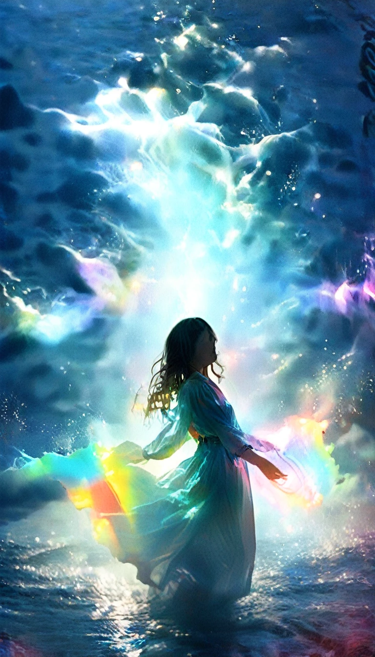 Mysterious glowing spell casting girl, ((Fantasy Rainbow Ocean)), Vibrant colors, Fantastic Light, Detailed speech bubbles, Magical atmosphere, Nice views, Dreamy atmosphere, Sparkling, Roomy robes, The magic touch, Mysterious creatures, ((Sparkling waves)), Mystical symbols, Surreal beauty, haze, There&#39;Magic in the air, A magical moment,Mysterious atmosphere, Whimsical Creatures, Full of charm, Fairy, superpower, Fantasy World
