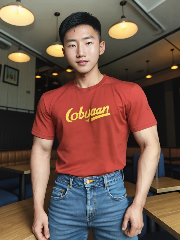 ((realistic daylight)) , Young Korean man in only a green t-shirt, no pattern, denim shirt, and jeans., A handsome, muscular young Asian man looks at the camera. In a simple t-shirt blue and red , in the restaurant ,turn sideways