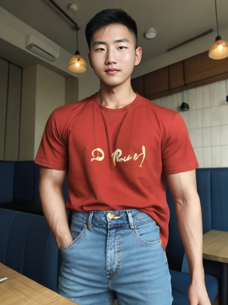 ((realistic daylight)) , Young Korean man in only a green t-shirt, no pattern, denim shirt, and jeans., A handsome, muscular young Asian man looks at the camera. In a simple t-shirt blue and red , in the restaurant ,turn sideways