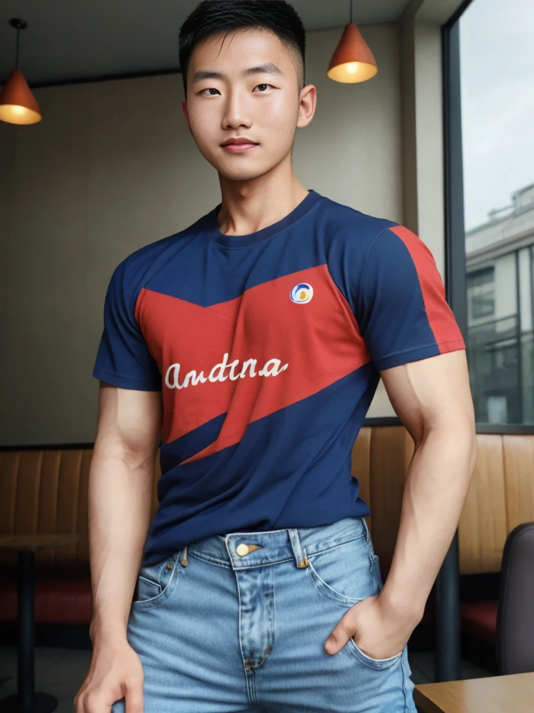 ((realistic daylight)) , Young Korean man in only a green t-shirt, no pattern, denim shirt, and jeans., A handsome, muscular young Asian man looks at the camera. In a simple t-shirt blue and red , in the restaurant ,turn sideways