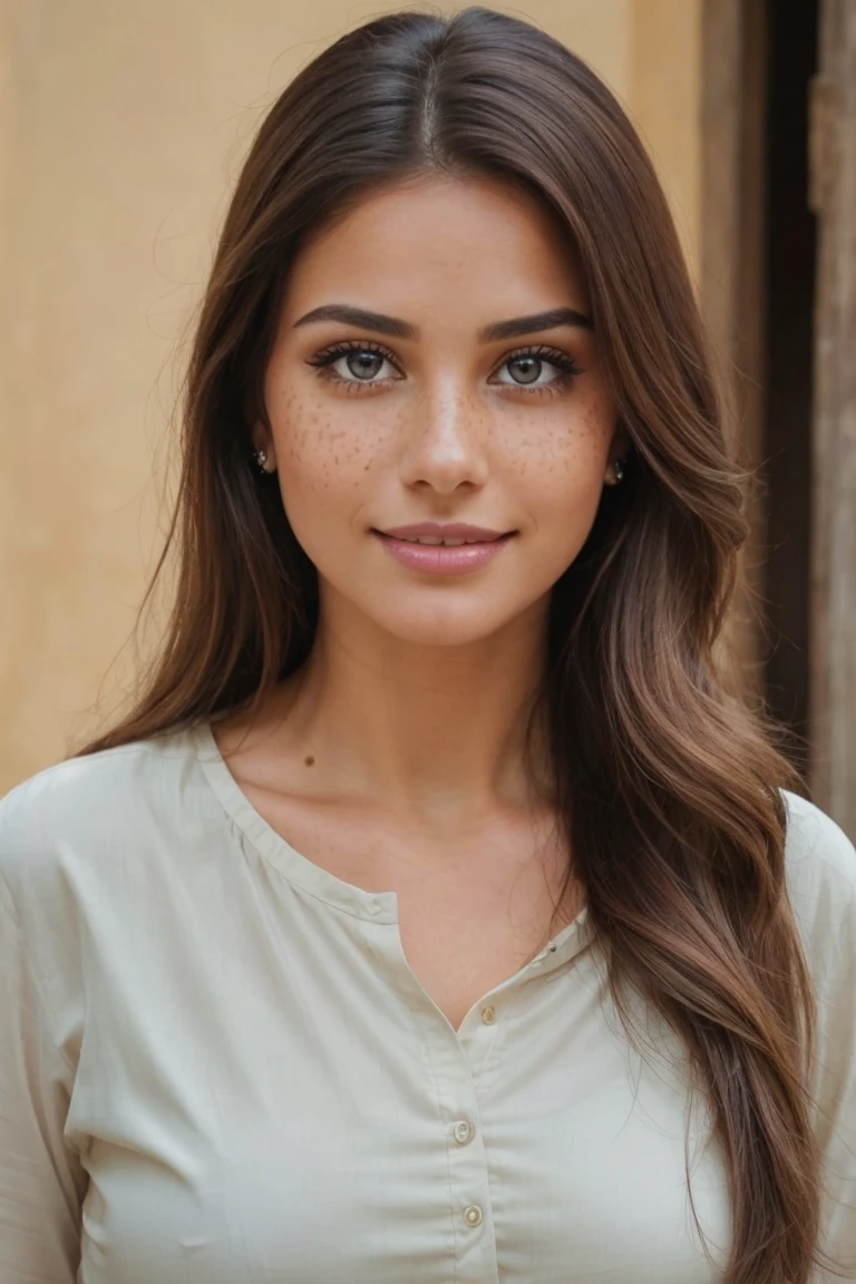 close-up of a beautiful female face, gorgeous eyes, intricate, cleavage, soft lips, smiling, naughty, seductive glance, freckles, crown, jewelry