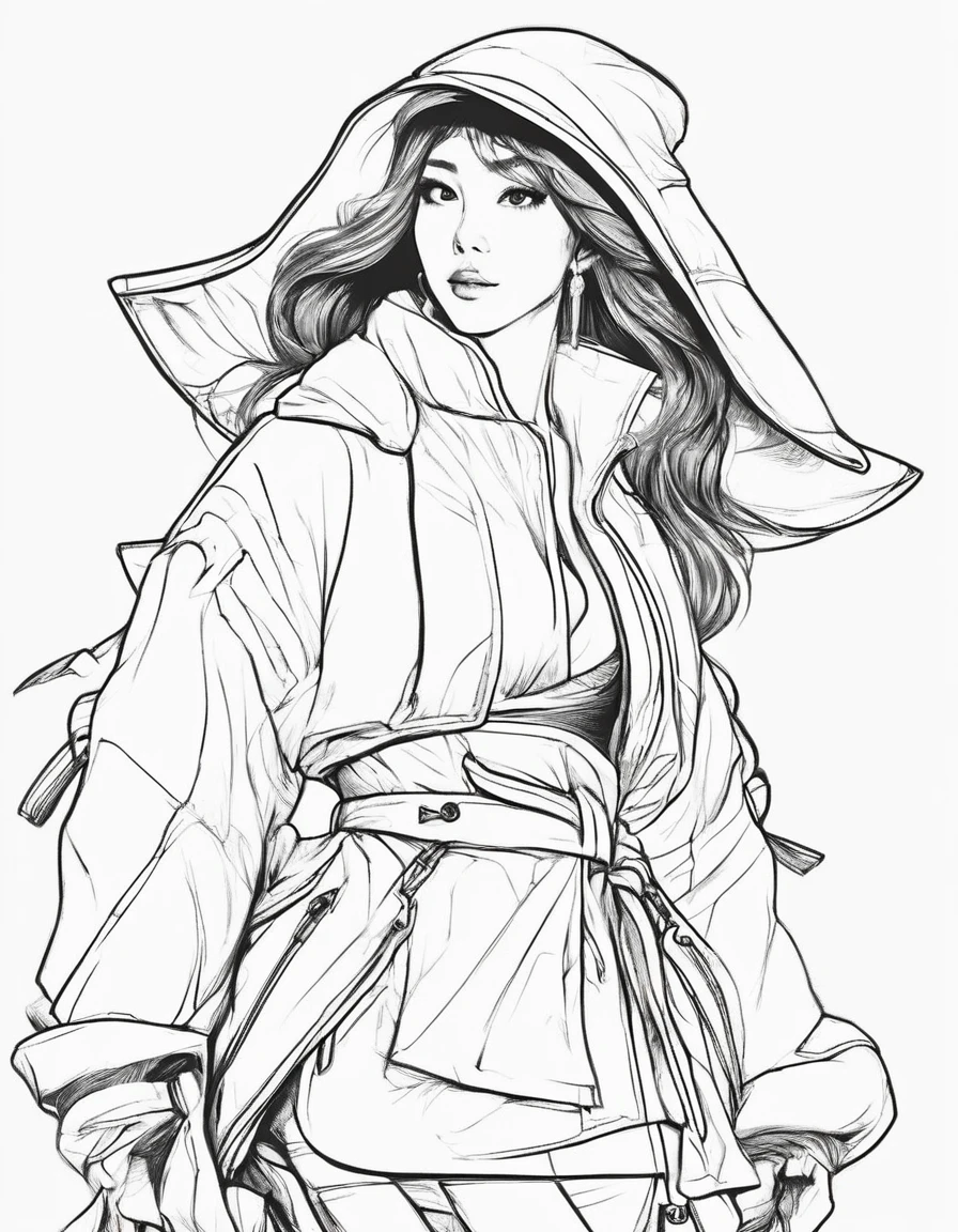 character concept design, line art，Clothing model，High-quality illustration，Pencil drawing，pen drawing，