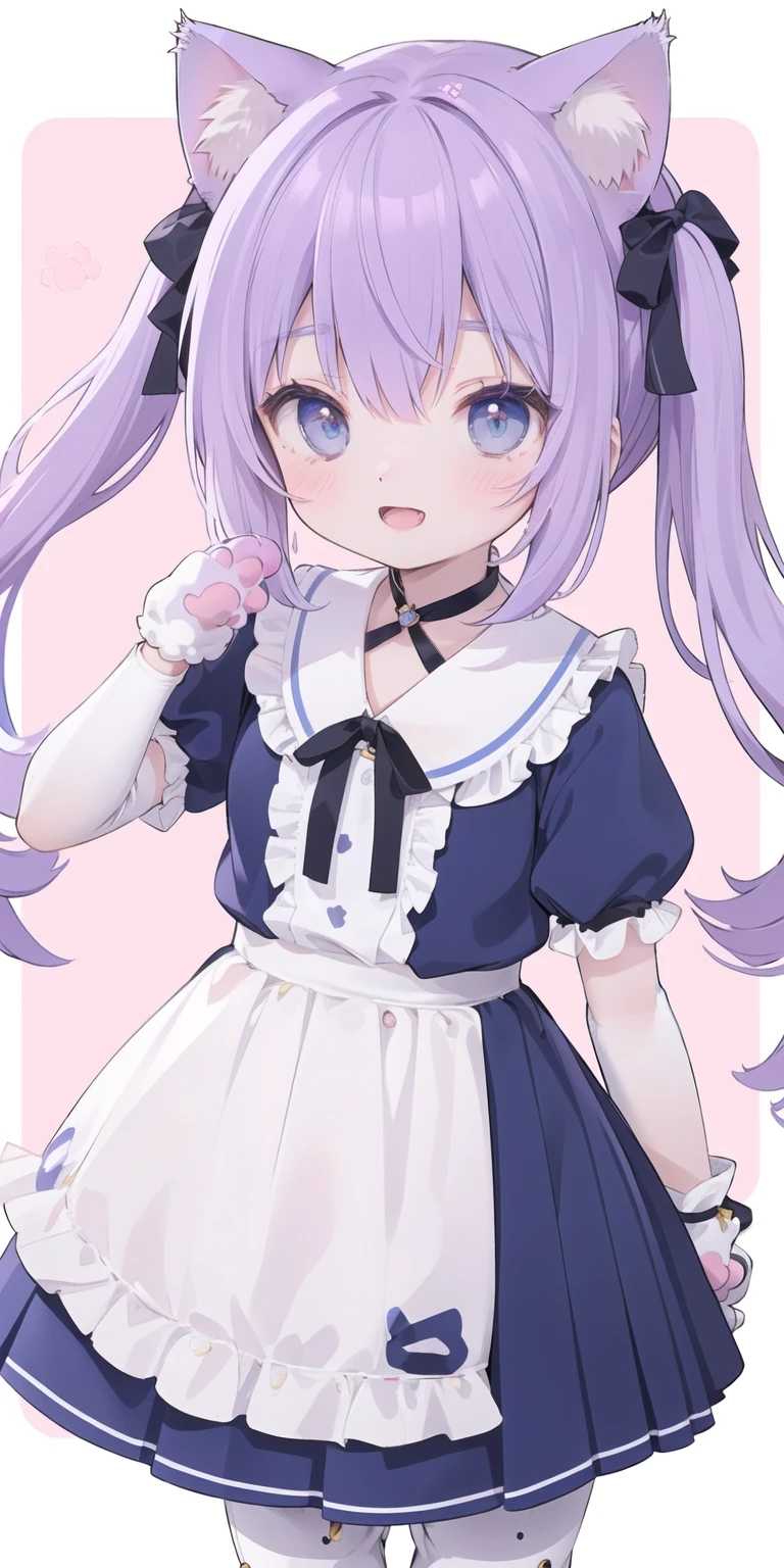 Cute Loli，Long hair，Purple Hair，Close one eye，Smile，open mouth，Piece logo，Big blue eyes，White Lolita，Pleated Skirt，Cat ears，Cat&#39;s Tail，Bow，Hair accessories，(Cat's paw gloves:2.0)，(White boots:2.0)，Leg ring，(whole body:1.7)，stage，Sing，Dance，(Paw pose:1.3)