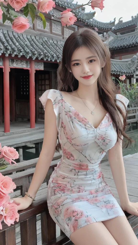 best quality,Super detailed,masterpiece,Employment,8k,Extremely detailed CG unifies 8k, 8k, diamond, and wallpaper，lifelike, Surreal, The original, Intricate details，Detailed face，Exquisite eyes, Skin smooth and soft, Delicate face, Big shining eyes，1 beautiful女孩, 18 years old， Super beautiful face details, Smiling shyly, Medium breasts, (best quality),[masterpiece],((beautiful:0.75) Cute girl:0.75),Long hair,Knees up,necklace,Jewelry,Looking at the audience,Front camera,(Floral Background:1.2),Ancient Chinese Town,old Chinese building,dusk,Sunlight,Chinese garden, Printed dress,