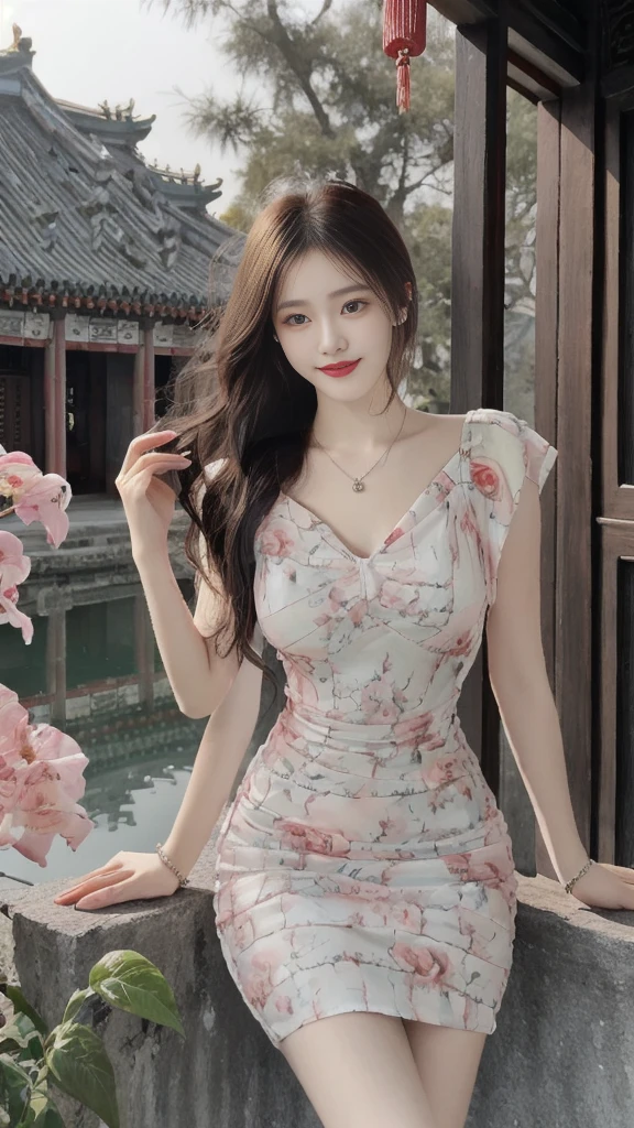 best quality,Super detailed,masterpiece,Employment,8k,Extremely detailed CG unifies 8k, 8k, diamond, and wallpaper，lifelike, Surreal, The original, Intricate details，Detailed face，Exquisite eyes, Skin smooth and soft, Delicate face, Big shining eyes，1 beautiful女孩, 18 years old， Super beautiful face details, Smiling shyly, Medium breasts, (best quality),[masterpiece],((beautiful:0.75) Cute girl:0.75),Long hair,Knees up,necklace,Jewelry,Looking at the audience,Front camera,(Floral Background:1.2),Ancient Chinese Town,old Chinese building,dusk,Sunlight,Chinese garden, Printed dress,