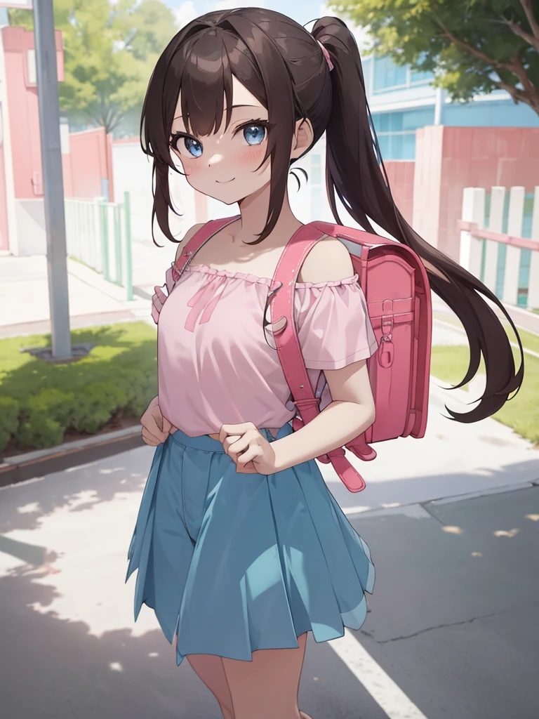 masterpiece, best quality, highres, 1girl, long hair, one side up, solo, ponytail,brown hair, blue eyes, bare shoulders, pink shirt, short sleeves, off-shoulder shirt, frills, blue skirt, cowboy shot, smile,standing, fullbody, wear high heels, wearing randoseru backpack, (backpack:1.1), outdoor, day