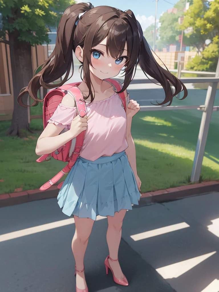 masterpiece, best quality, highres, 1girl, long hair, one side up, solo, ponytail,brown hair, blue eyes, bare shoulders, pink shirt, short sleeves, off-shoulder shirt, frills, blue skirt, cowboy shot, smile,standing, fullbody, wear high heels, wearing randoseru backpack, (backpack:1.1), outdoor, day