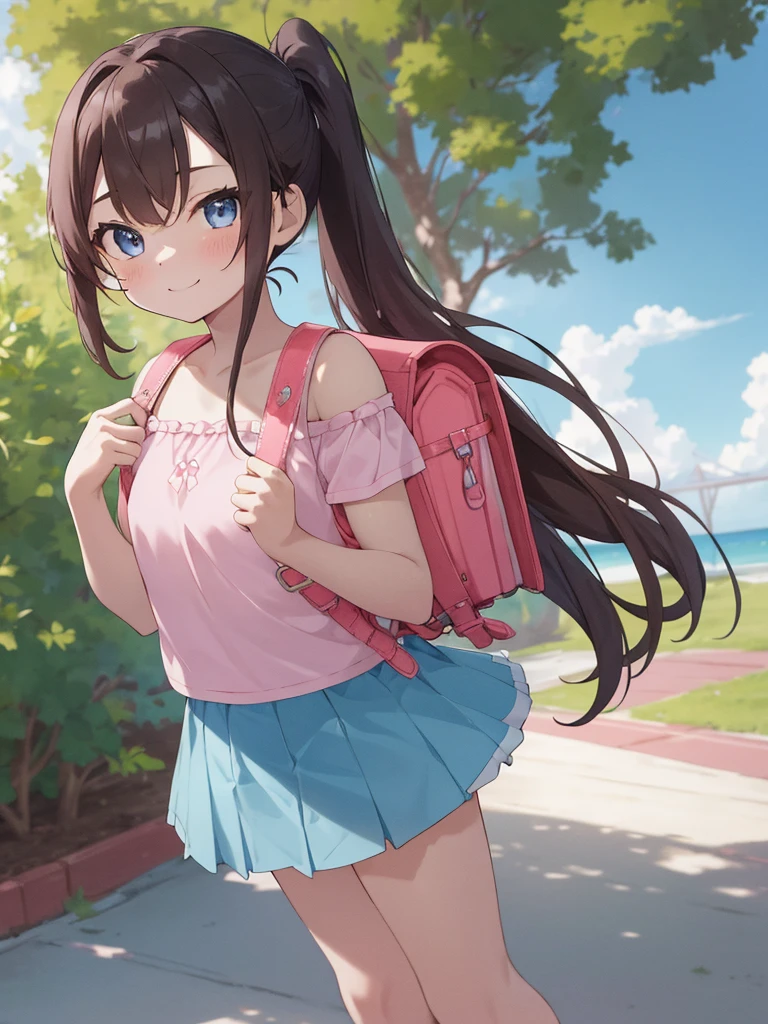 masterpiece, best quality, highres, 1girl, long hair, one side up, solo, ponytail,brown hair, blue eyes, bare shoulders, pink shirt, short sleeves, off-shoulder shirt, frills, blue skirt, cowboy shot, smile,standing, fullbody, wear high heels, wearing randoseru backpack, (backpack:1.1), outdoor, day
