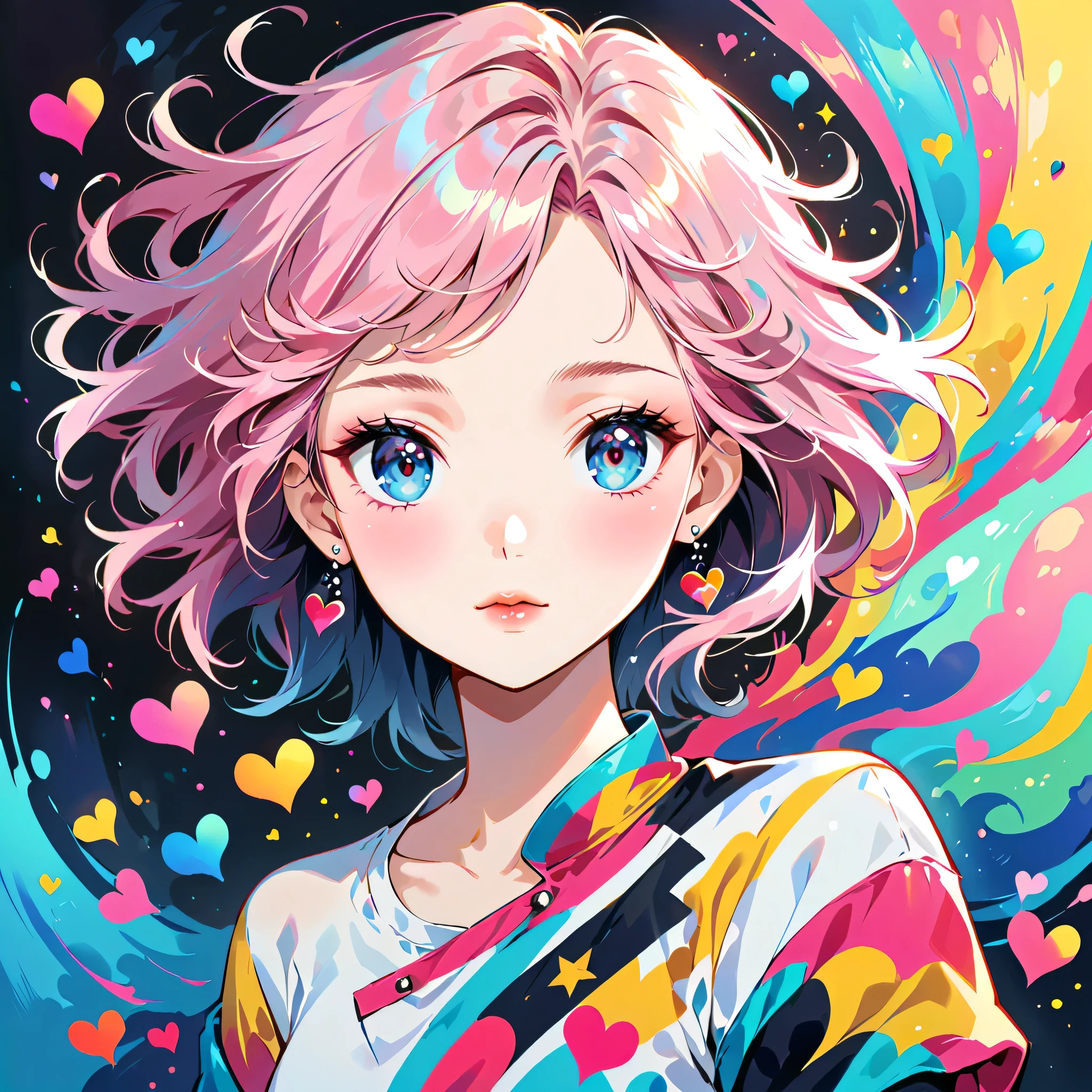 Black Star Pink and White style, Simple Line Initialism,Abstract art,Urban Background, (((The most beautiful girl of all time))), Sweet face. Lips in love, colorful hearts, stylish design