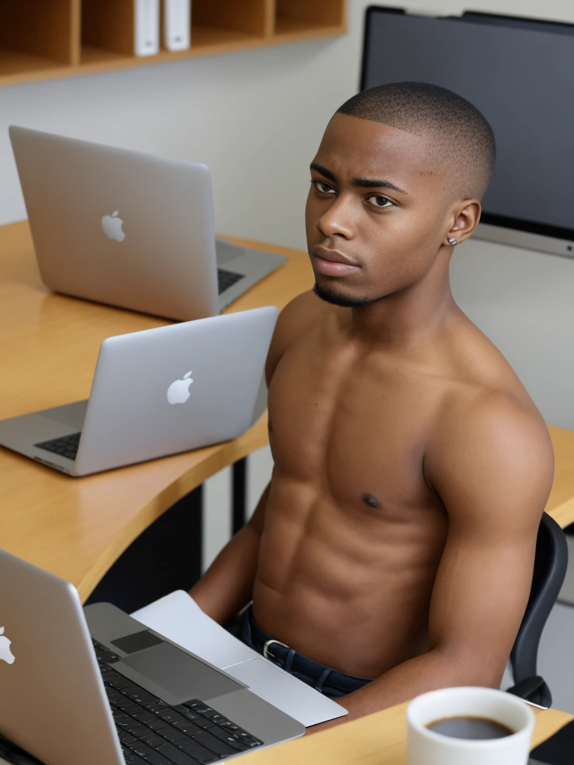 28 years old african american man, buzz cut hairstyle, apple laptop, sitting in an office