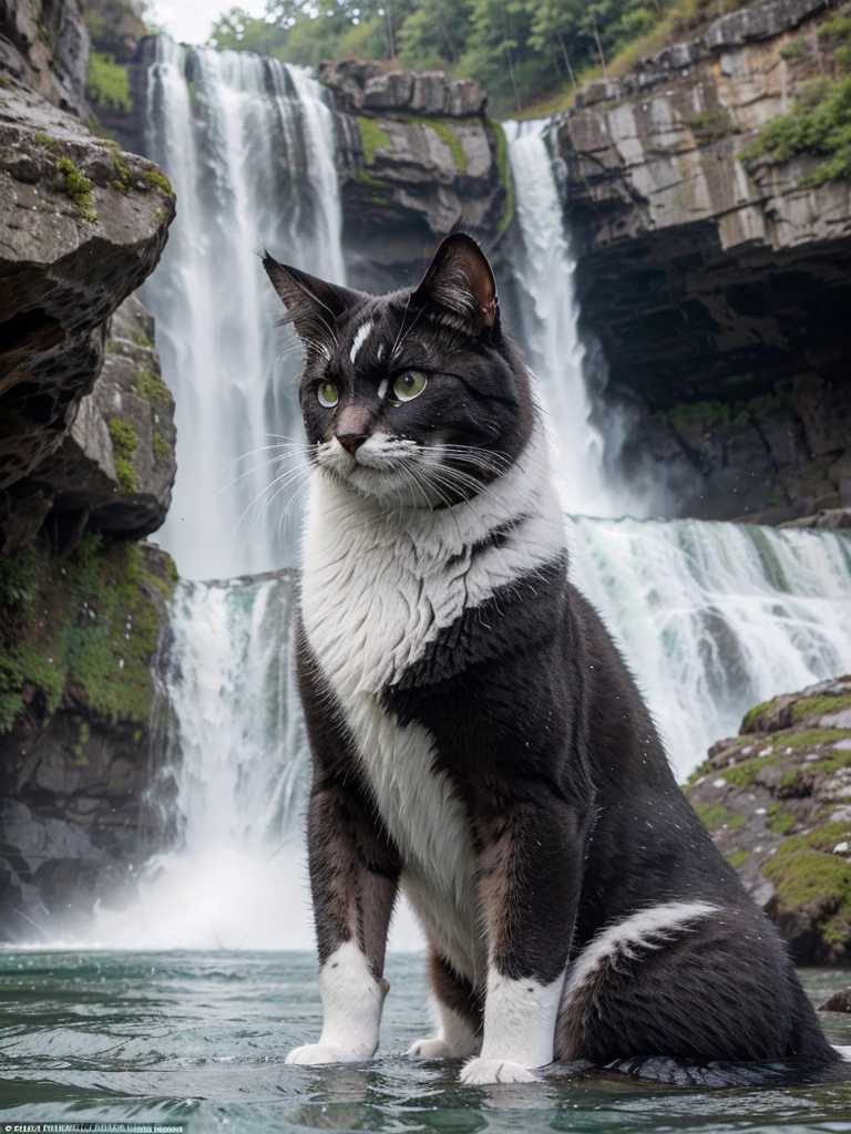 On the banks of the impressive Niagara Falls, an unusual cat attracts curious and admiring glances. With a graceful bearing, This feline stands out for its unique coat, a captivating mix of silver and black tones that sparkle in the sunlight and contrast beautifully with the aquatic backdrop. Its coat is dense and silky, adapted to face the cold winds that blow from the falls, providing you with natural thermal insulation. The black spots are irregularly distributed, giving it a wild and mysterious look, while the silver tones seem to reflect the turbulent waters around them.
His eyes are two spheres of penetrating green, with pupils that constantly dilate and contract, adjusting to the brightness and capturing every movement around you. This hypnotic gaze reveals a keen intelligence and insatiable curiosity. as orelhas, always on alert, they are big and pointy, capable of capturing the most subtle sounds amid the constant roar of waterfalls. The wet, pink nose stands out against the dark fur, completing the delicate and at the same time enigmatic expression of the feline.
The cat's body is slender and muscular, demonstrating innate agility and the ability to move quickly and precisely. The paws are robust, with sharp claws that allow the feline to climb slippery rocks and balance on uneven terrain without difficulty. The long, furry tail, always in movement, helps you maintain balance while exploring your surroundings, jumping from rock to rock with the grace of an experienced acrobat.
This cat seems to be a free spirit, a true explorer of Niagara Falls. Watching it is like witnessing a harmonious dance with nature, where every movement is calculated and every jump is a demonstration of pure elegance. His behavior is a combination of boldness and caution; He is often seen near waterfalls, where few dare to venture