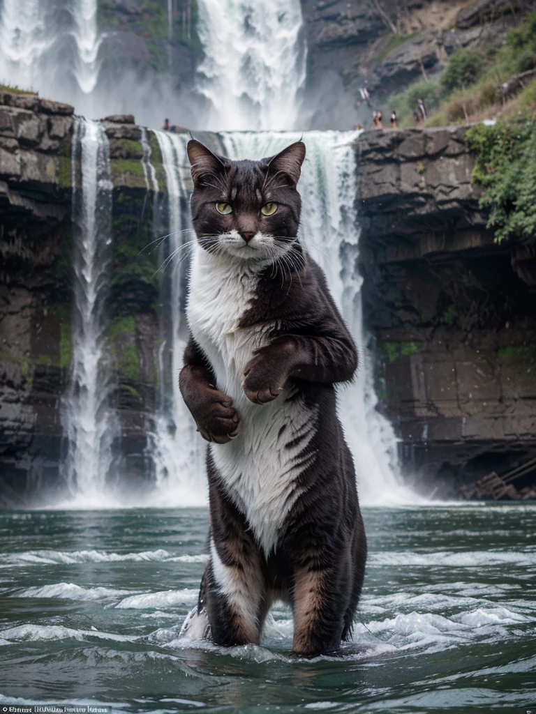 On the banks of the impressive Niagara Falls, an unusual cat attracts curious and admiring glances. With a graceful bearing, This feline stands out for its unique coat, a captivating mix of silver and black tones that sparkle in the sunlight and contrast beautifully with the aquatic backdrop. Its coat is dense and silky, adapted to face the cold winds that blow from the falls, providing you with natural thermal insulation. The black spots are irregularly distributed, giving it a wild and mysterious look, while the silver tones seem to reflect the turbulent waters around them.

His eyes are two spheres of penetrating green, with pupils that constantly dilate and contract, adjusting to the brightness and capturing every movement around you. This hypnotic gaze reveals a keen intelligence and insatiable curiosity. as orelhas, always on alert, they are big and pointy, capable of capturing the most subtle sounds amid the constant roar of waterfalls. The wet, pink nose stands out against the dark fur, completing the delicate and at the same time enigmatic expression of the feline.

The cat&#39;s body is slender and muscular, demonstrating innate agility and the ability to move quickly and precisely. The paws are robust, with sharp claws that allow the feline to climb slippery rocks and balance on uneven terrain without difficulty. The long, furry tail, always in movement, helps you maintain balance while exploring your surroundings, jumping from rock to rock with the grace of an experienced acrobat.

This cat seems to be a free spirit, a true explorer of Niagara Falls. Watching it is like witnessing a harmonious dance with nature, where every movement is calculated and every jump is a demonstration of pure elegance. His behavior is a combination of boldness and caution; He is often seen near waterfalls, where few dare to venture