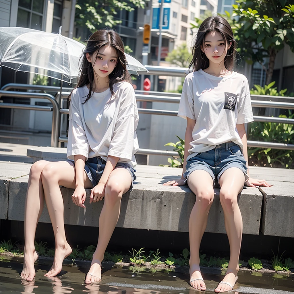 15-year-old girl，fair，Long brown hair，Very thin，small thin legs，rain，street，White shirt，Wet clothes，Shorts，barefoot，legs are very thin，Energetic，whole body，