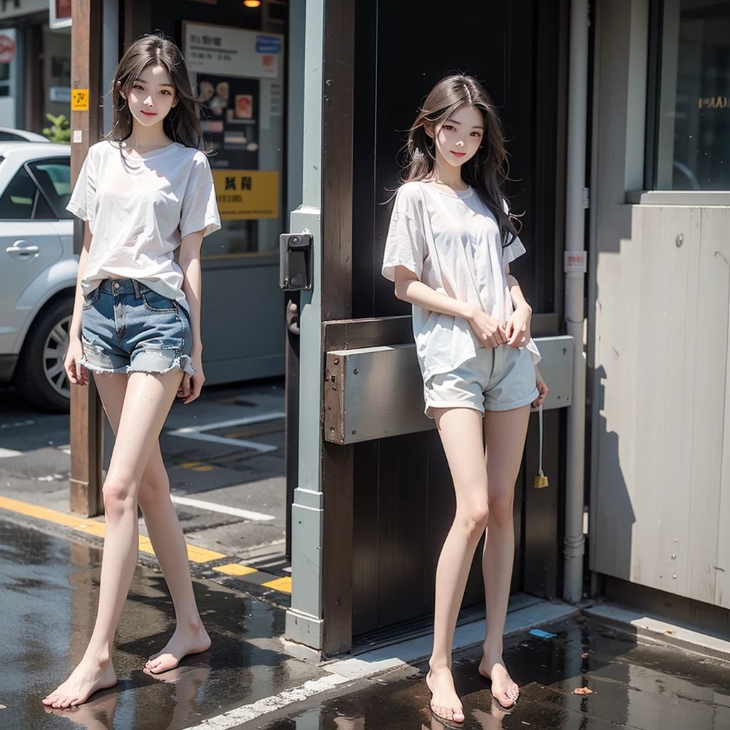 -yeld gifair，Long brown hair，Very thin，small thin legs，rain，street，White shirt，Wet clothes，Shorts，barefoot，legs are very thin，Energetic，whole body，