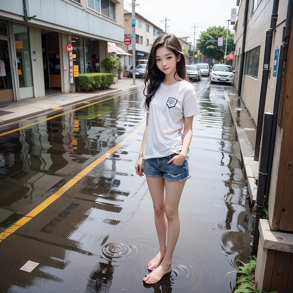 15-year-old girl，fair，Long brown hair，Very thin，small thin legs，rain，street，White shirt，Wet clothes，Shorts，barefoot，legs are very thin，Energetic，whole body，