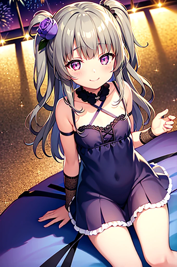 Himari Meimei, masterpiece, Voluptuous thighs, petit body, little young girl, flat chest, {1 Girl}, Cute and erotic smile, Highly detailed sparkling purple eyes, summer night, fireworks,  困り眉, open legs, legs up, brilliant silver grey hair, lying on beach bed, 