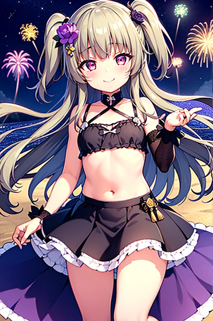 Himari Meimei, masterpiece, Voluptuous thighs, petit body, little young girl, flat chest, {1 Girl}, Cute and erotic smile, Highly detailed sparkling purple eyes, summer night, fireworks,  困り眉, open legs, legs up, brilliant silver grey hair, lying on beach bed, 