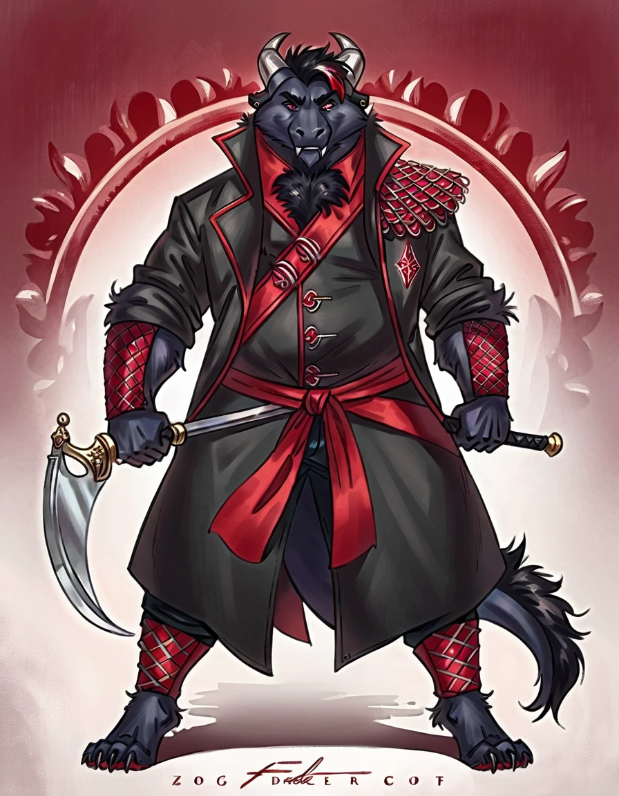 Anthropomorphic dragon his physique is achieved through a meticulous distribution of muscle and fat that creates a sense of comfort and approachability. Black scales. Black fur. Black Hair. Skin is a rich, deep black, with a subtle shimmer. His eyes are a piercing shade of Imperial red, framed by thick eyebrows. His attire, a black gambeson padded overcoat fabric vest with striking red salmon accents and intricate silver metal ornaments, is both functional and symbolic. The gambeson, a padded garment, is tailored to allow for a full range of motion, emphasizing his agility despite his size. The silver metal ornaments. Fur is predominantly black with salmon red-colored highlights. The fur on his torso and limbs is dense. His chest hair is kept at a moderate length. Large axe like fangs. Wield a slashing blade in a rapier-like's hilt. Ox guard stance pose. His predominant color is black and he got imperial red details. Anthro Artist Taran Fiddler art Style, olhos detalhados, Olhos lindos, escalas detalhadas.