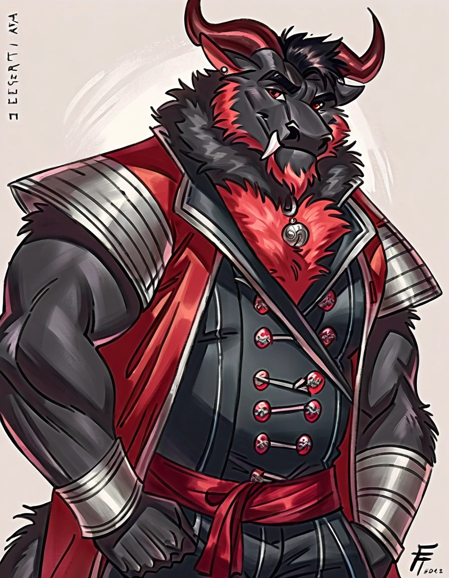 Anthropomorphic dragon his physique is achieved through a meticulous distribution of muscle and fat that creates a sense of comfort and approachability. Black scales. Black fur. Black Hair. Skin is a rich, deep black, with a subtle shimmer. His eyes are a piercing shade of Imperial red, framed by thick eyebrows. His attire, a black gambeson padded overcoat fabric vest with striking red salmon accents and intricate silver metal ornaments, is both functional and symbolic. The gambeson, a padded garment, is tailored to allow for a full range of motion, emphasizing his agility despite his size. The silver metal ornaments. Fur is predominantly black with salmon red-colored highlights. The fur on his torso and limbs is dense. His chest hair is kept at a moderate length. Large axe like fangs. Wield a slashing blade in a rapier-like's hilt. Ox guard stance pose. His predominant color is black and he got imperial red details. Anthro Artist Taran Fiddler art Style, olhos detalhados, Olhos lindos, escalas detalhadas.