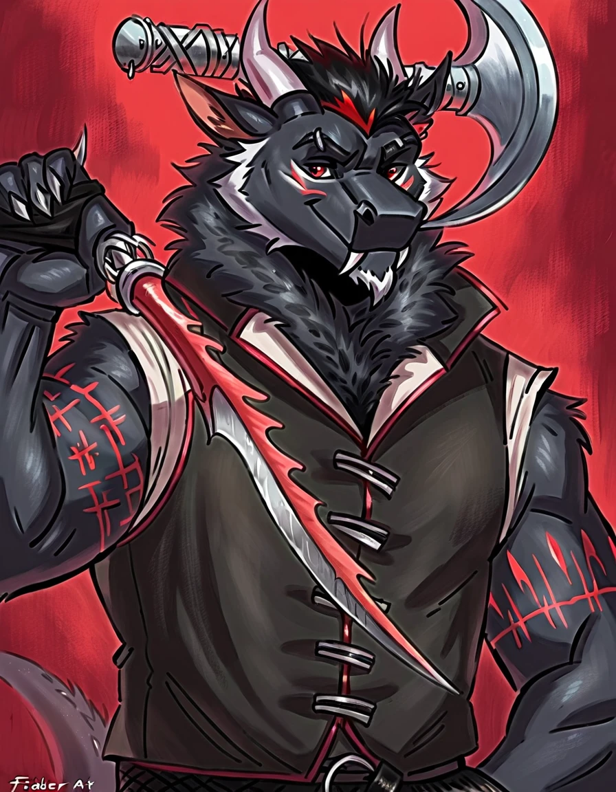 Anthropomorphic dragon his physique is achieved through a meticulous distribution of muscle and fat that creates a sense of comfort and approachability. Black scales. Black fur. Black Hair. Skin is a rich, deep black, with a subtle shimmer. His eyes are a piercing shade of Imperial red, framed by thick eyebrows. His attire, a black gambeson padded overcoat fabric vest with striking red salmon accents and intricate silver metal ornaments, is both functional and symbolic. The gambeson, a padded garment, is tailored to allow for a full range of motion, emphasizing his agility despite his size. The silver metal ornaments. Fur is predominantly black with salmon red-colored highlights. The fur on his torso and limbs is dense. His chest hair is kept at a moderate length. Large axe like fangs. Wield a slashing blade in a rapier-like's hilt. Ox guard stance pose. His predominant color is black and he got imperial red details. Anthro Artist Taran Fiddler art Style, olhos detalhados, Olhos lindos, escalas detalhadas.