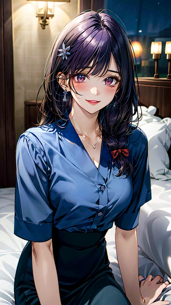 (masterpiece:1.3, Highest quality, Ultra-high resolution：1.2, Very detailed、8k), (Realistic, photoRealistic:1.4), Beautiful illustrations, Perfect lighting, colorful, Written boundary depth, Beautiful detailsまでこだわった髪, Beautifully detailed face, Beautiful details, Droopy eyes、Beautiful clavicle, Beautiful body, 美しいLarge Breasts, Beautiful thighs, Beautiful legs, Beautiful fingers, Show Viewer、Front view:0.6, beauty1人, Japanese, beauty、30 years old, Perfect Face, (Perfect Anatomy, Anatomically correct), Cute and symmetrical face, , , Glowing Skin,(Blue collared shirt:1.4), (Long skirt:1.4) 、(Dark purple hair, Ribbon hair ornament、Medium Straight Hair:1.4), Braided bangs、Dark brown eyes, (Large Breasts, The body is slim), necklace, Small earrings:1.1, (Beautiful views), (night),( Luxury hotel room),((Lying in bed)), Sexy pose、優しいsmile、(smile, Lips parted),