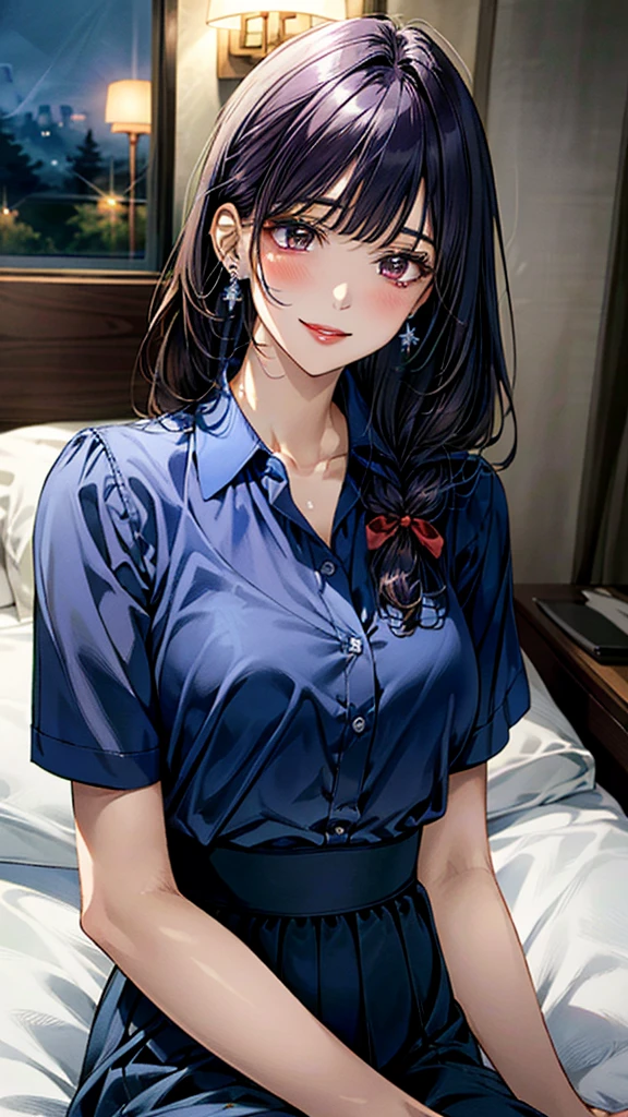 (masterpiece:1.3, Highest quality, Ultra-high resolution:1.2, Very detailed、8k), (Realistic, photoRealistic:1.4), Beautiful illustrations, Perfect lighting, colorful, Written boundary depth, Beautiful detailsまでこだわった髪, Beautifully detailed face, Beautiful details, Droopy eyes、Beautiful clavicle, Beautiful body, 美しいLarge Breasts, Beautiful thighs, Beautiful legs, Beautiful fingers, Show Viewer、Front view:0.6, beauty1人, Japanese, beauty、30 years old, Perfect Face, (Perfect Anatomy, Anatomically correct), Cute and symmetrical face, Baby Face, , Glowing Skin,(Blue collared shirt:1.4), (Long skirt:1.4) 、(Dark purple hair, Ribbon hair ornament、Medium Straight Hair:1.4), Braided bangs、Dark brown eyes, (Large Breasts, The body is slim), necklace, Small earrings:1.1, (Beautiful views), (night),( Luxury hotel room),((Lying in bed)), Sexy pose、優しいsmile、(smile, Lips parted),