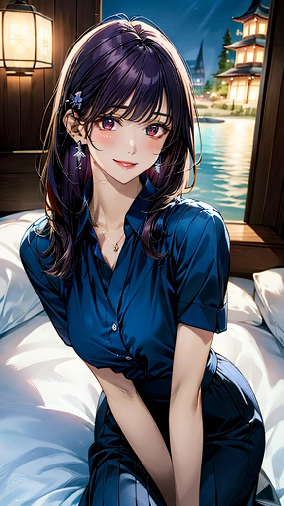 (masterpiece:1.3, Highest quality, Ultra-high resolution:1.2, Very detailed、8k), (Realistic, photoRealistic:1.4), Beautiful illustrations, Perfect lighting, colorful, Written boundary depth, Beautiful detailsまでこだわった髪, Beautifully detailed face, Beautiful details, Droopy eyes、Beautiful clavicle, Beautiful body, 美しいLarge Breasts, Beautiful thighs, Beautiful legs, Beautiful fingers, Show Viewer、Front view:0.6, beauty1人, Japanese, beauty、30 years old, Perfect Face, (Perfect Anatomy, Anatomically correct), Cute and symmetrical face, Baby Face, , Glowing Skin,(Blue collared shirt:1.4), (Long skirt:1.4) 、(Dark purple hair, Ribbon hair ornament、Medium Straight Hair:1.4), Braided bangs、Dark brown eyes, (Large Breasts, The body is slim), necklace, Small earrings:1.1, (Beautiful views), (night),( Luxury hotel room),((Lying in bed)), Sexy pose、優しいsmile、(smile, Lips parted),