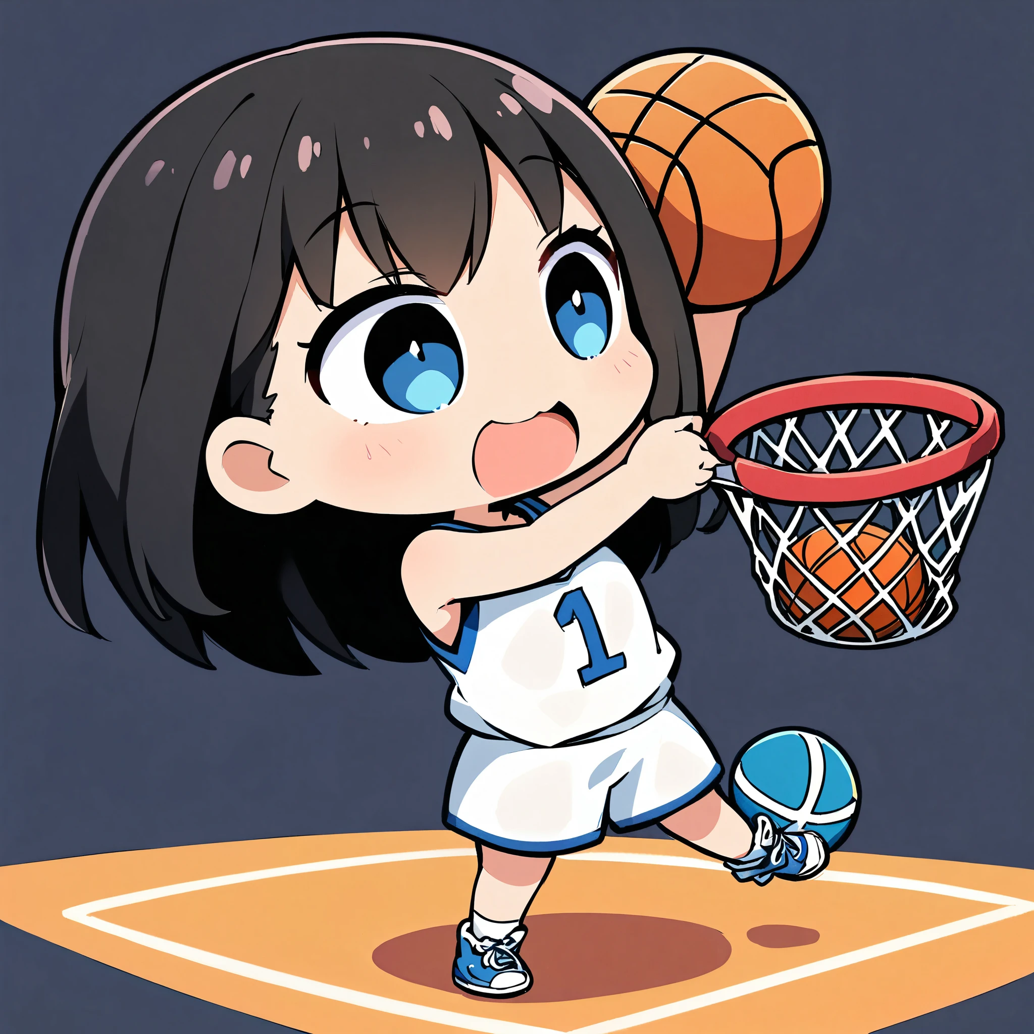 A girl putting a basketball into a basket on the ground, pretty girl, Deformation, Basketball and ball, Black Hair Girl, Cute dunk shot, Plain background,