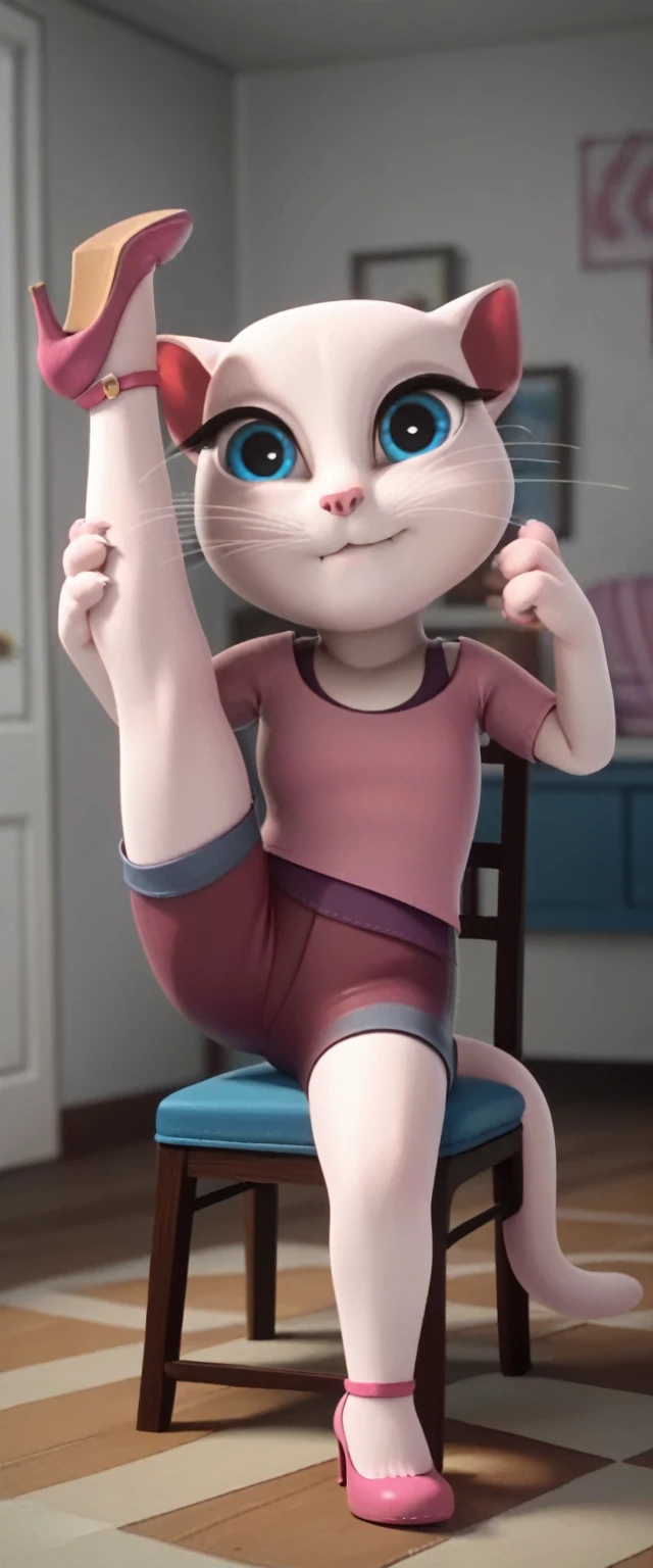 1 girl, cat, white fur, long whiskers on both sides of the face, large bright blue eyes, large black eyelashes, small pink nose, triangular ears with pink channels. There are high heels. front view legs woman up, holding own legs ,lifting legs up sitting on flexible chair own hands holding legs, folded, , legs up, cat tail turned inward