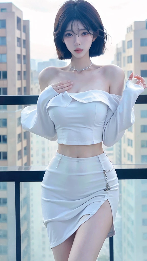 Beautiful woman with perfect figure:1.4,snow,snow背景,Layered Hairstyle,White skin,Prominent cleavage,Pleated Skirt,whole body,Very delicate face and skin texture,Double eyelids,Skin Whitening,Long white hair