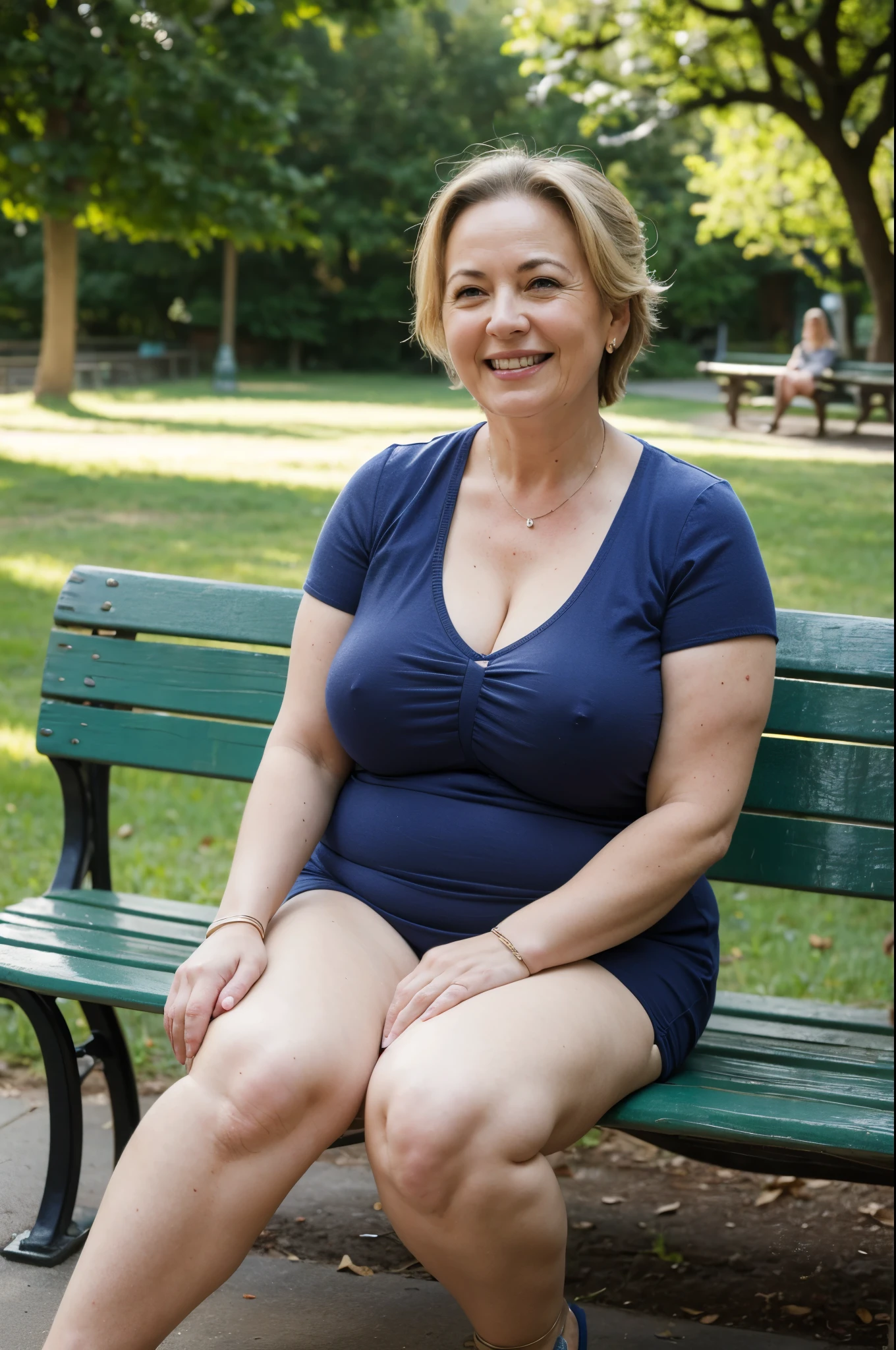 8k wallpaper, masterpiece, Highest quality, Super detailed, One Mature Woman, 50 years old, Become very clear, Wearing short sleeves, Skin dents, Captivating smile, Looking at the audience, Cleavage, plump, Curvaceous, Fascinating face, Smiling with teeth showing, Wrinkles around the eyes, Sitting on a park bench, Background Blur