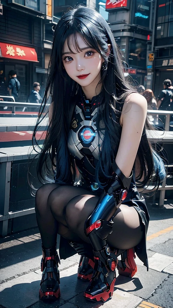 Beautiful Iron Man，Angelic countenance，Full body portrait，the long flowing blue hair，big eyes，Flashing pupils，shy，Blush，Smile，Delicate depiction of the face，Wear a short skirt，Black pantyhose，Wearing high heels，Cyberpunk，Night，Hyperrealism，Neon Street，Ray Tracing，masterpiece，Pixel Perfect，make a fist，Delicate hand engraving，Light and Shadow，Sweat，Fine drawing