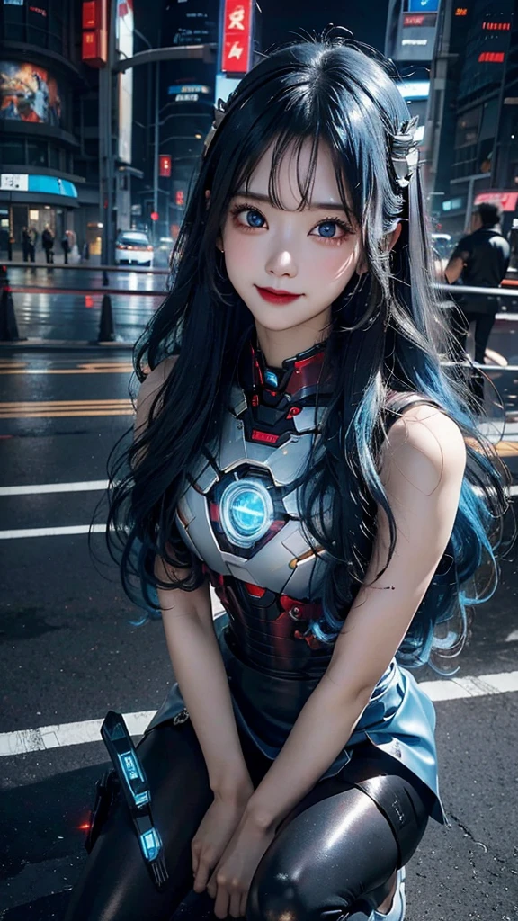 Beautiful Iron Man，Angelic countenance，Full body portrait，the long flowing blue hair，big eyes，Flashing pupils，shy，Blush，Smile，Delicate depiction of the face，Wear a short skirt，Black pantyhose，Wearing high heels，Cyberpunk，Night，Hyperrealism，Neon Street，Ray Tracing，masterpiece，Pixel Perfect，make a fist，Delicate hand engraving，Light and Shadow，Sweat，Fine drawing