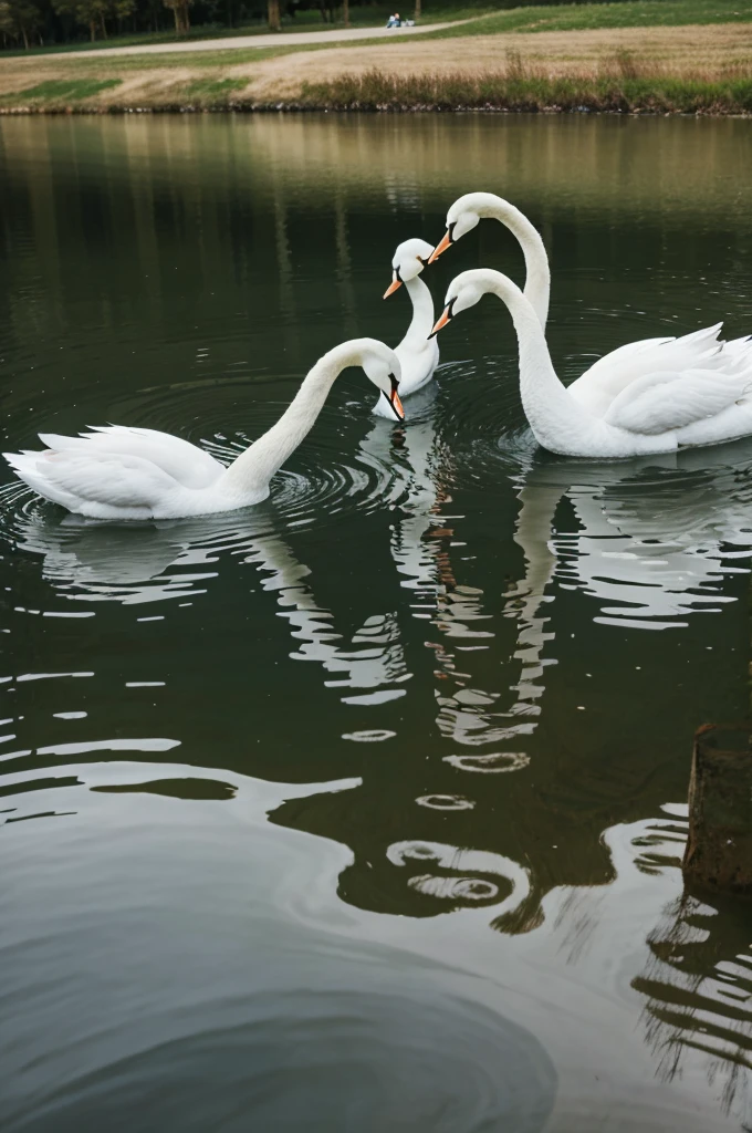 the white swans in a lake.