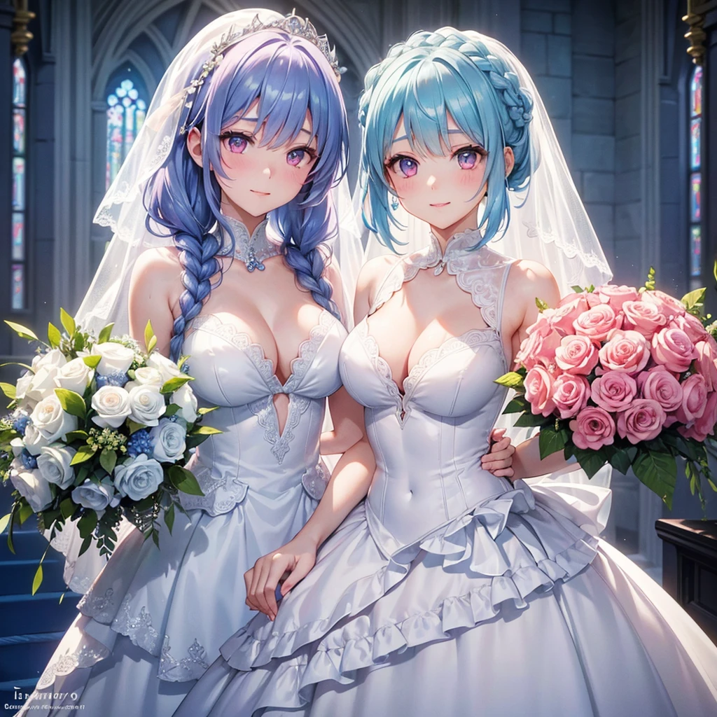(Light blue medium hair),(Braided hair tied together)、Pink eyes、Fair skin、(whole body),bride,Big smile,Straight bangs,A dignified figure、 6月のbride,Wedding dress,(masterpiece, Highest quality, Very detailed, Best Shadow), (Detailed Background), (Beautifully detailed face), High Contrast, (Best lighting, Very delicate and beautiful), ((Cinematic Light)), colorful, Hyper Detail, Dramatic Light, Intricate details,Chapel background,Bouquet of roses,Ring on left ring finger,