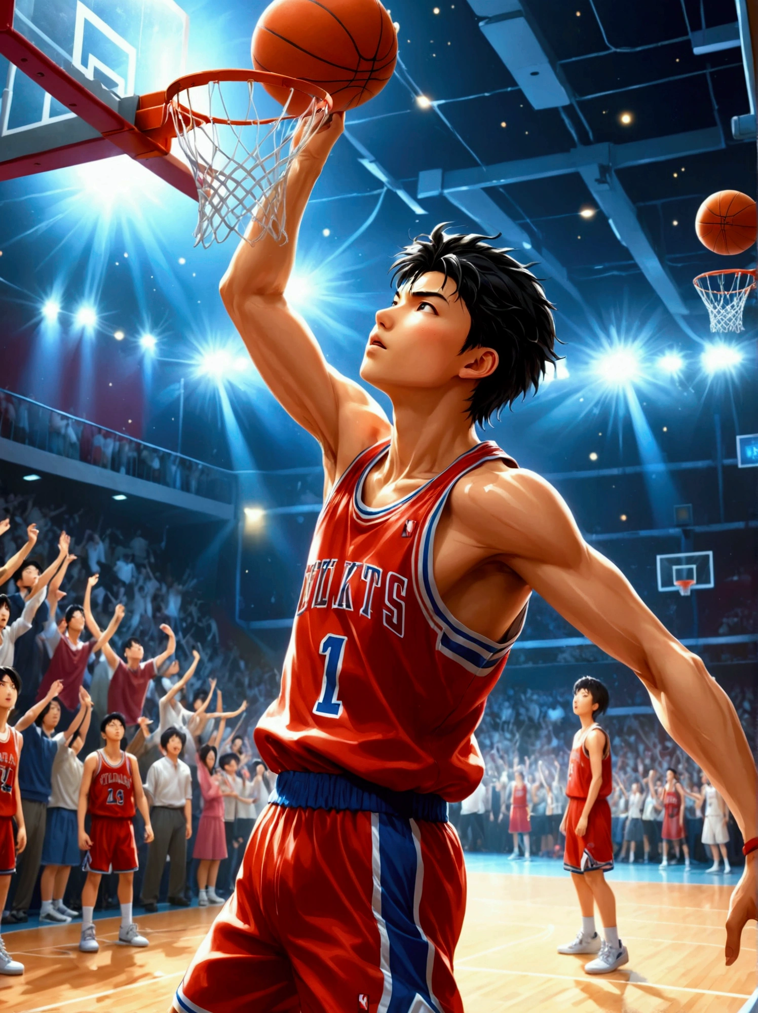 SLAM DUNK, Sakuragi Hanamichi, incredible dunk, big slam dunk moment, extremely detailed action pose, intense expression, focused eyes, sweat flying, basketball court background, crowd cheering, highly dynamic, sharp focus, vivid colors, studio lighting, dramatic lighting, nostalgic color palette, high contrast, physically-based rendering, ultra-fine painting, motion blur, anime style, UHD, masterpiece, accurate, anatomically correct, textured skin, best quality