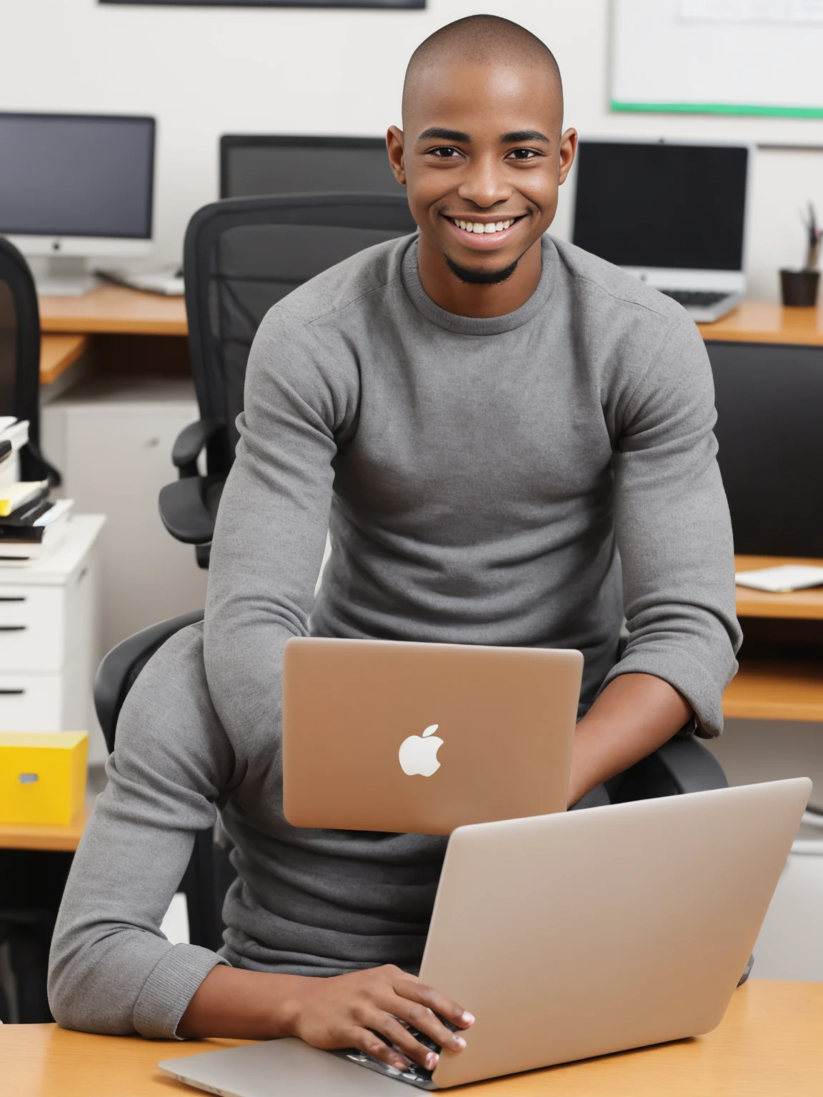 28 years old african american man, buzz cut hairstyle, smile, apple laptop, sitting in an office
