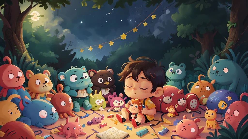At night, in the darkness, under a starry sky, a newborn baby is sleeping, surrounded by toys.