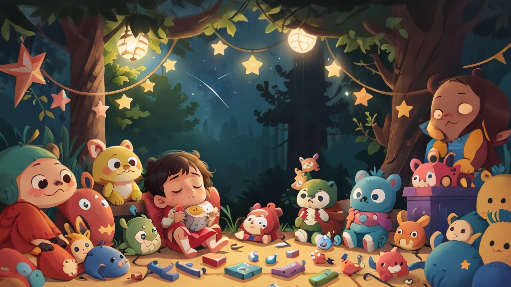 At night, in the darkness, under a starry sky, a newborn baby is sleeping, surrounded by toys.