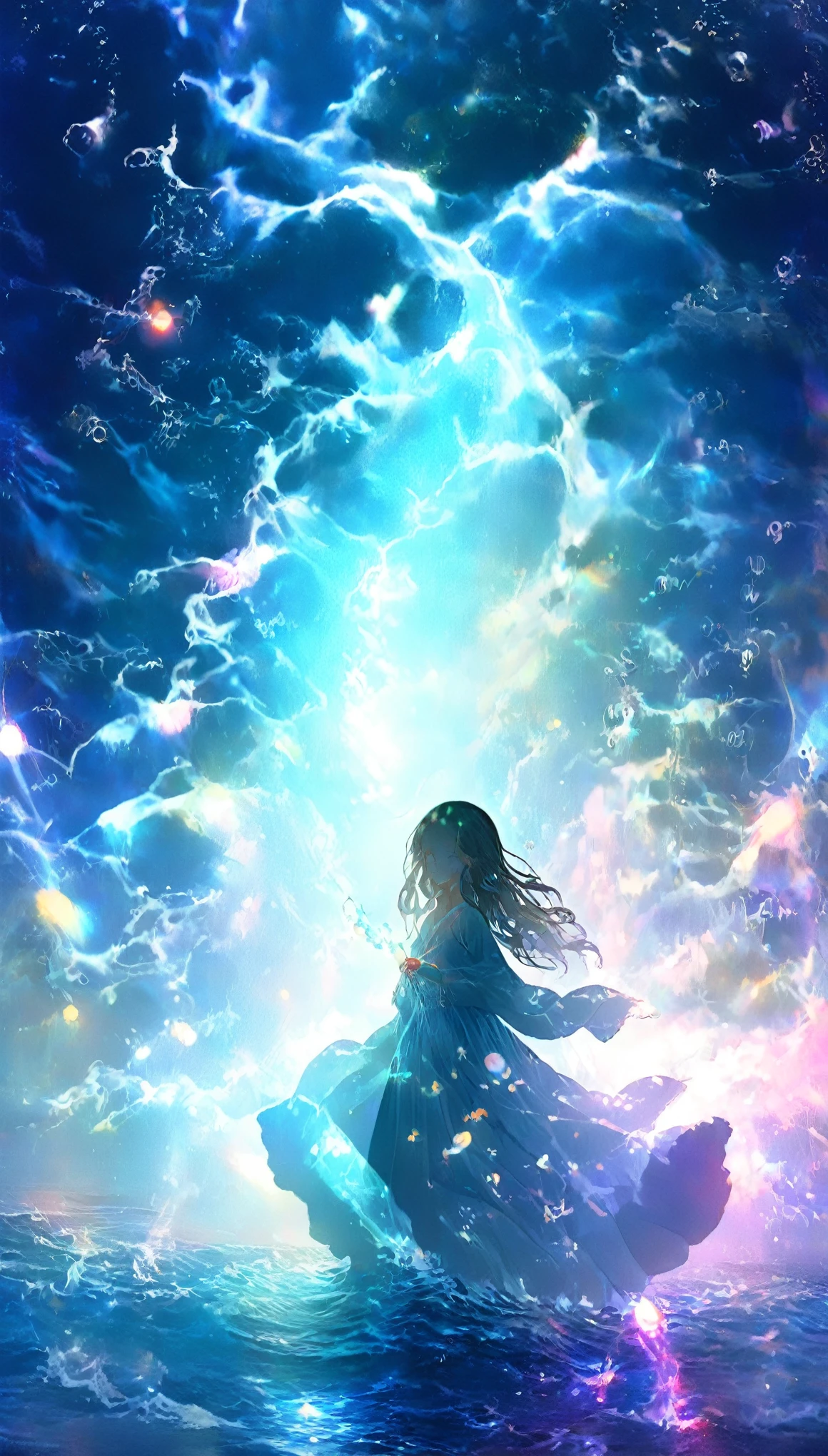 Mysterious glowing spell casting girl, ((Fantasy Rainbow Ocean)), Vibrant colors, Fantastic Light, Detailed speech bubbles, Magical atmosphere, Nice views, Dreamy atmosphere, Sparkling, Roomy robes, The magic touch, Mysterious creatures, ((Sparkling waves)), Mystical symbols, Surreal beauty, haze, There'Magic in the air, A magical moment,Mysterious atmosphere, Whimsical Creatures, Full of charm, Fairy, superpower, Fantasy World