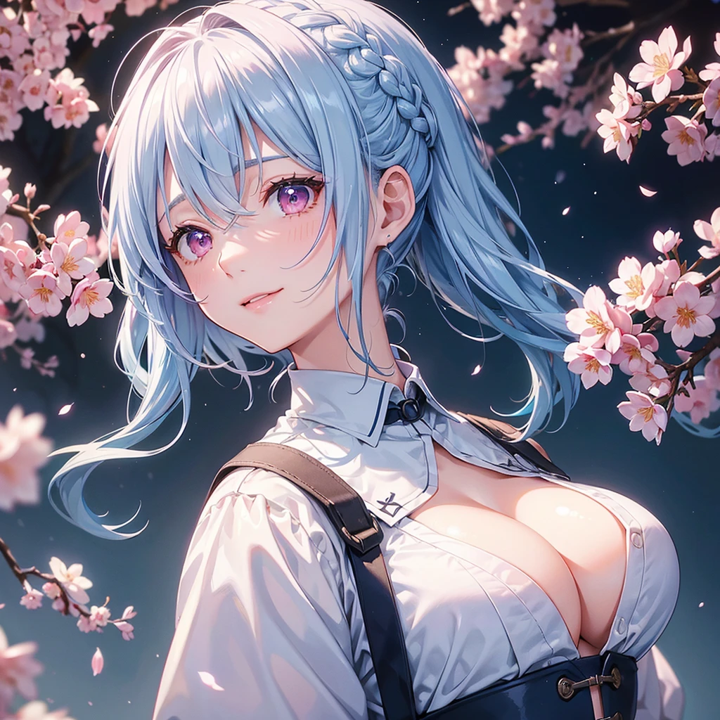 (Light blue medium hair),(Braided hair tied together)、Pink eyes、Fair skin、(whole body)、(uniform)、Cherry Blossoms at Night、A big smile、A dignified figure、solo、(masterpiece、Highest quality、Very detailed、Best Shadow)、(Detailed Background)、(Beautifully detailed face)、High contrast、(Best lighting、Very delicate and beautiful)、((Cinematic Light))、colorful、Hyper Detail、Dramatic Light、Exquisite detail、
