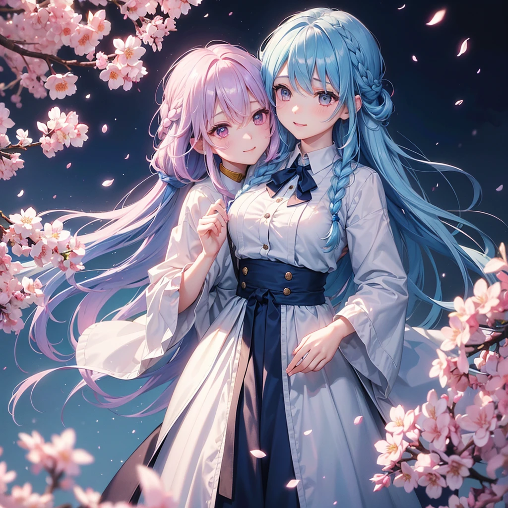 (Light blue medium hair),(Braided hair tied together)、Pink eyes、Fair skin、(whole body)、(uniform)、Cherry Blossoms at Night、A big smile、A dignified figure、solo、(masterpiece、Highest quality、Very detailed、Best Shadow)、(Detailed Background)、(Beautifully detailed face)、High contrast、(Best lighting、Very delicate and beautiful)、((Cinematic Light))、colorful、Hyper Detail、Dramatic Light、Exquisite detail、