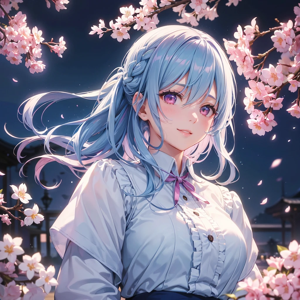(Light blue medium hair),(Braided hair tied together)、Pink eyes、Fair skin、(whole body)、(uniform)、Cherry Blossoms at Night、A big smile、A dignified figure、solo、(masterpiece、Highest quality、Very detailed、Best Shadow)、(Detailed Background)、(Beautifully detailed face)、High contrast、(Best lighting、Very delicate and beautiful)、((Cinematic Light))、colorful、Hyper Detail、Dramatic Light、Exquisite detail、