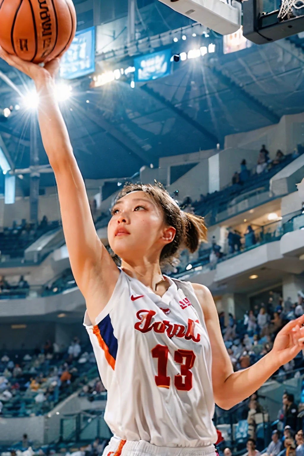 ((Women's Basketball Players)), young and beautiful girl、美しい顔のdetailedな描写、alone, Dunk Shot, Jumping Shoot、Close-up、Motion Blur、Dynamic Angle、stadium lighting、Blur the background、8Kdetailed, (detailed、masterpiece、Highest quality)、